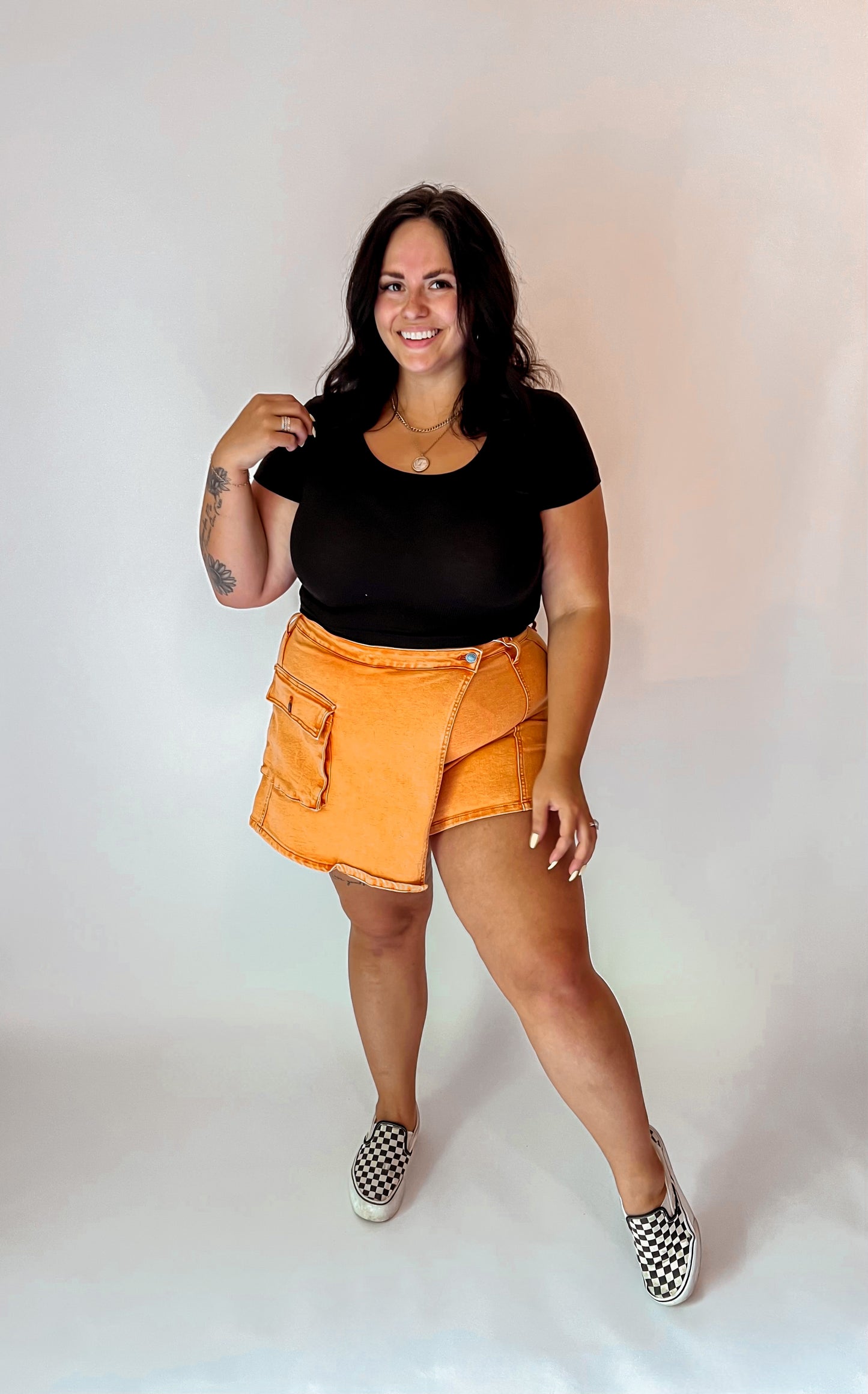 Orange mineral wash cargo skort